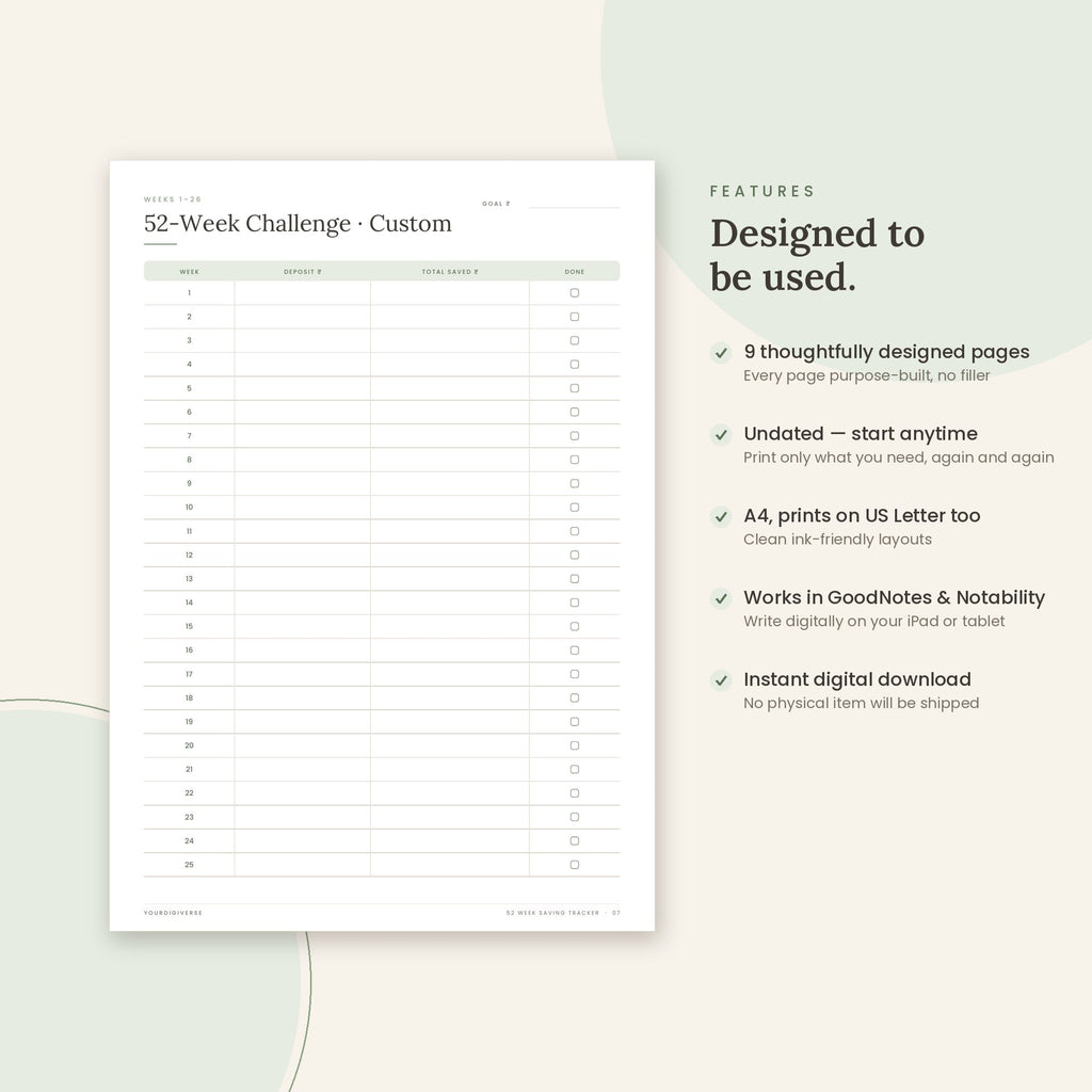52 Week Saving Tracker sample page (52-Week Challenge · Custom) – undated A4 printable, GoodNotes-ready