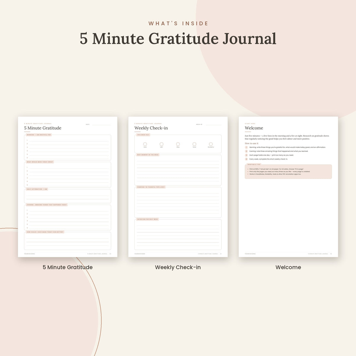 Inside the 5 Minute Gratitude Journal printable: 5 Minute Gratitude, Weekly Check-in pages