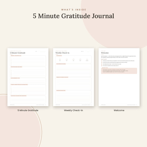 Inside the 5 Minute Gratitude Journal printable: 5 Minute Gratitude, Weekly Check-in pages