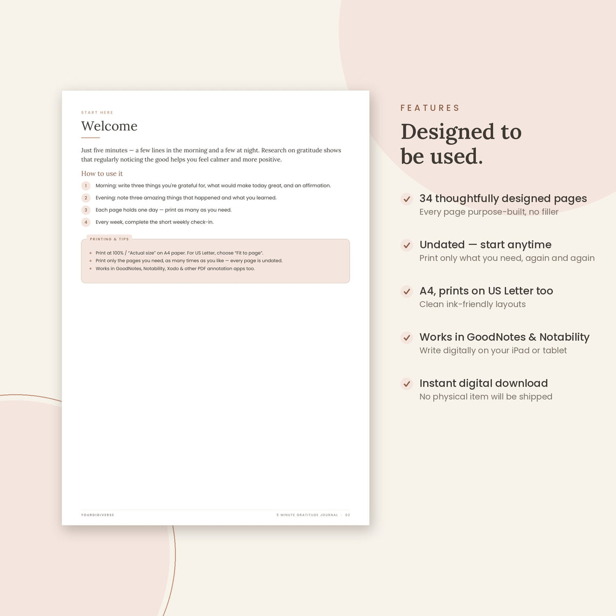 5 Minute Gratitude Journal sample page (Start here guide) – undated A4 printable, GoodNotes-ready