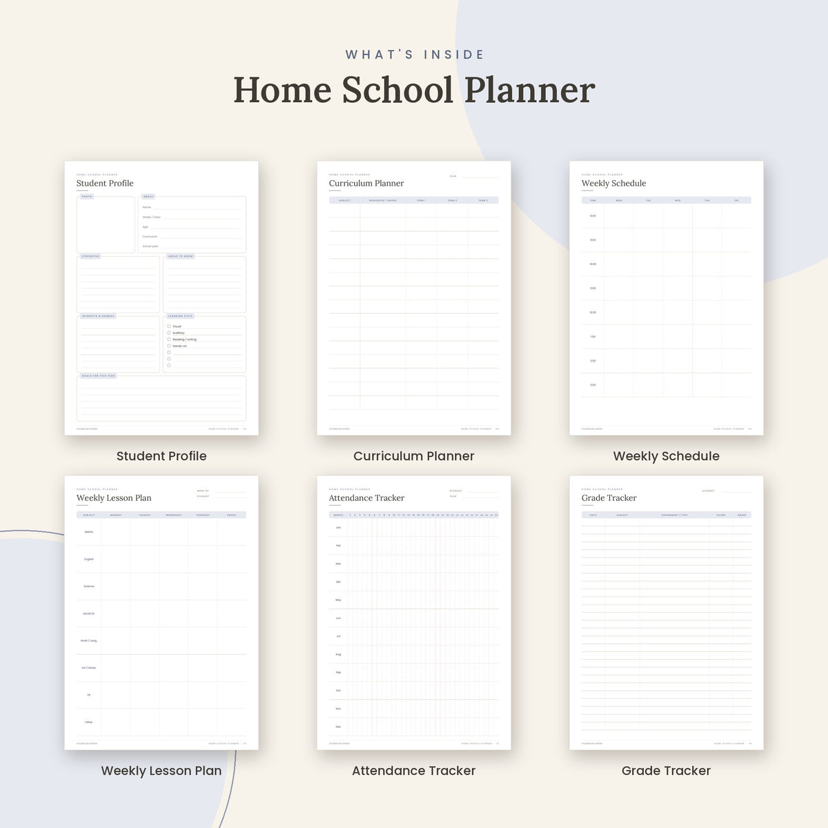 Inside the Home School Planner printable: Student Profile, Curriculum Planner, Weekly Schedule pages