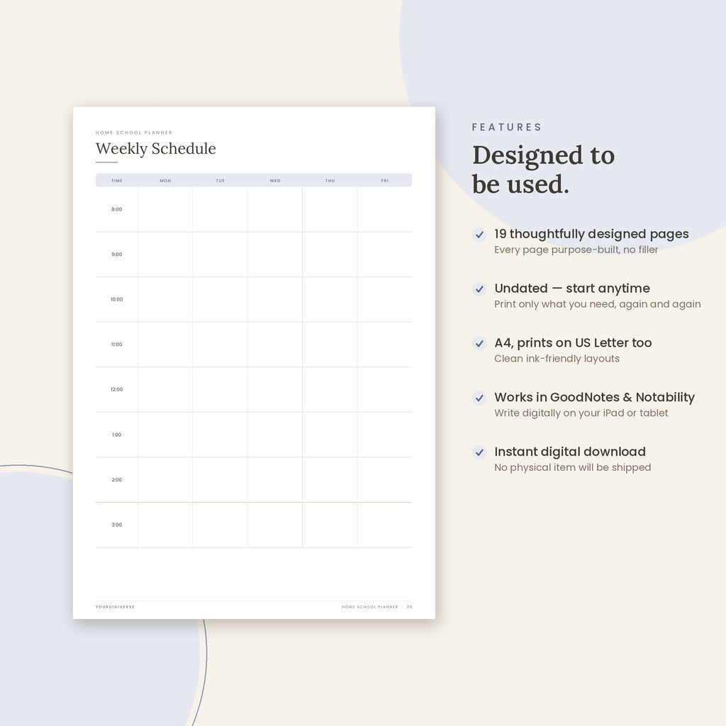 Home School Planner sample page (Weekly Schedule) – undated A4 printable, GoodNotes-ready