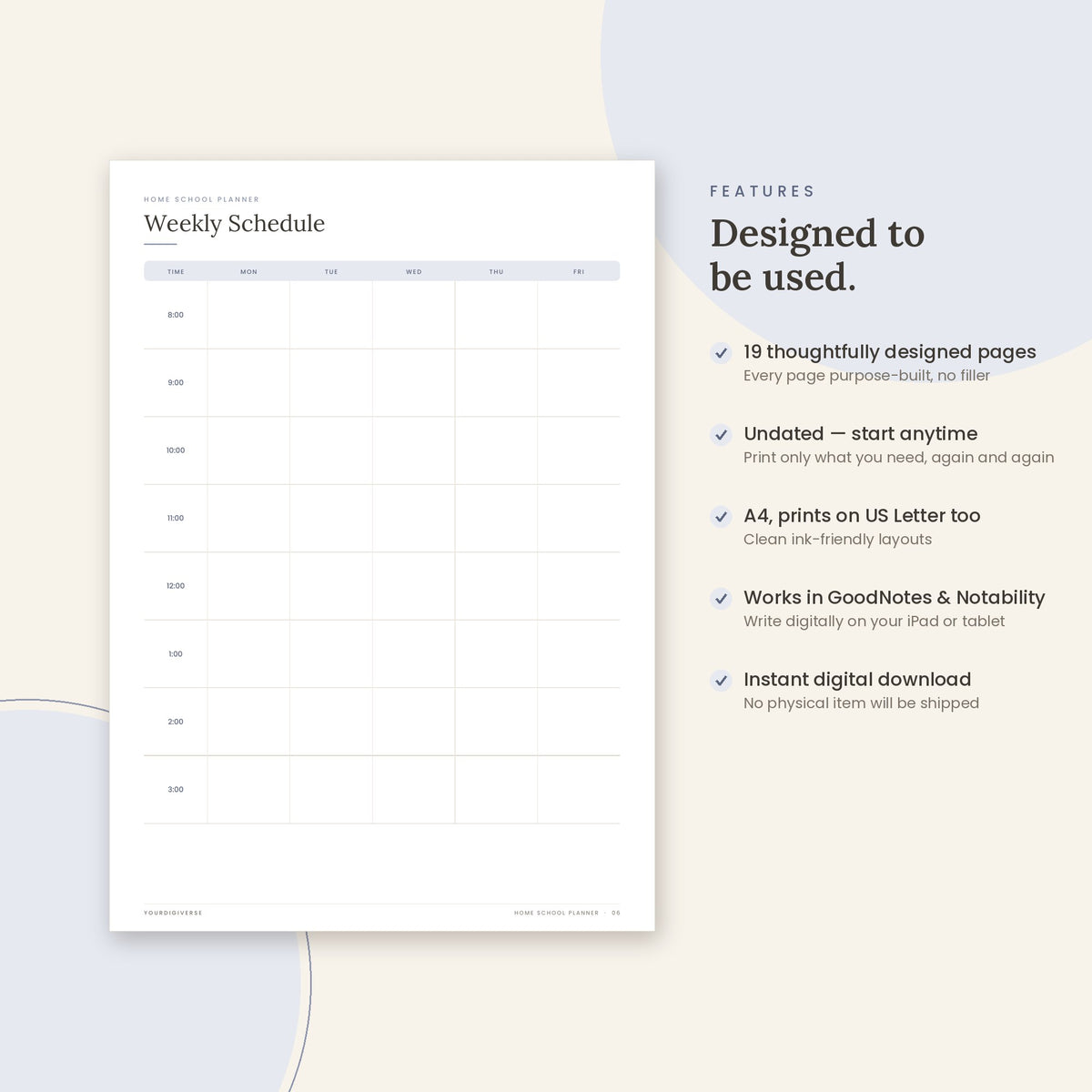 Home School Planner sample page (Weekly Schedule) – undated A4 printable, GoodNotes-ready