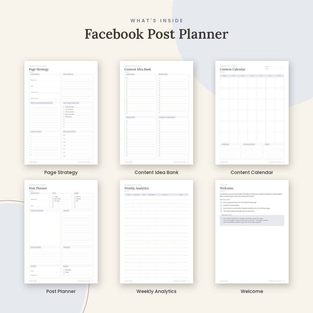Inside the Facebook Post Planner printable: Page Strategy, Content Idea Bank, Content Calendar pages