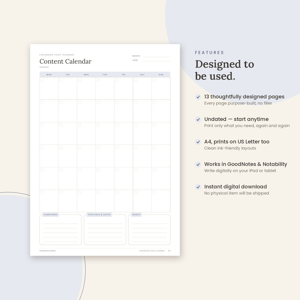 Facebook Post Planner sample page (Content Calendar) – undated A4 printable, GoodNotes-ready