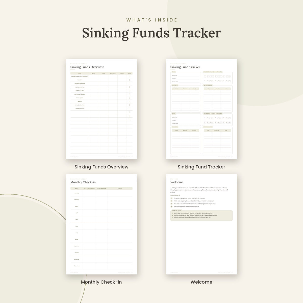 Inside the Sinking Funds Tracker printable: Sinking Funds Overview, Sinking Fund Tracker, Monthly Check-in pages