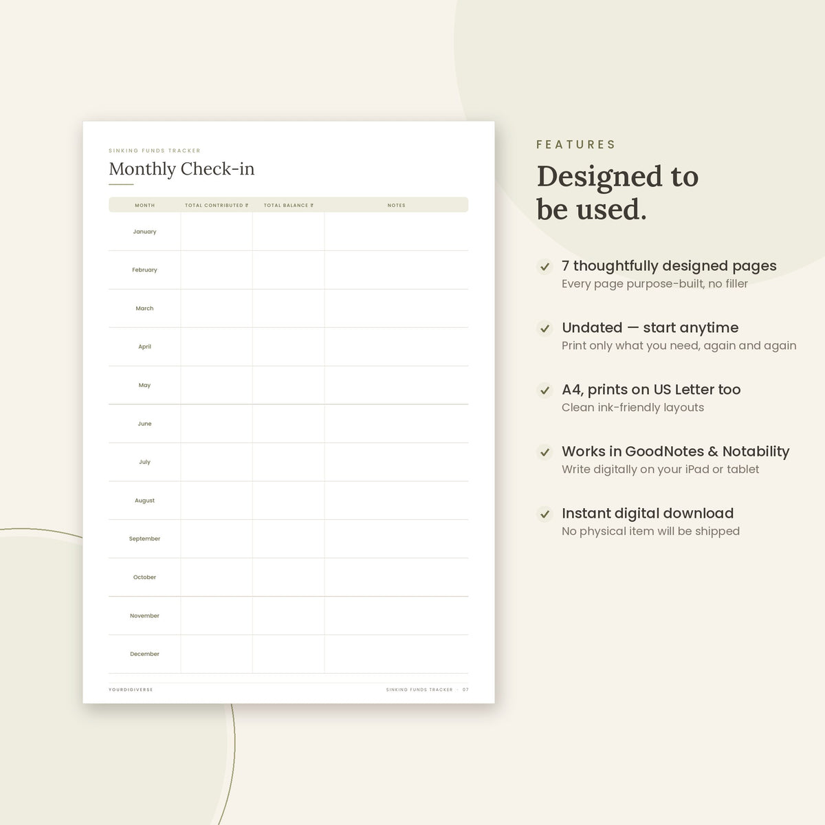Sinking Funds Tracker sample page (Monthly Check-in) – undated A4 printable, GoodNotes-ready