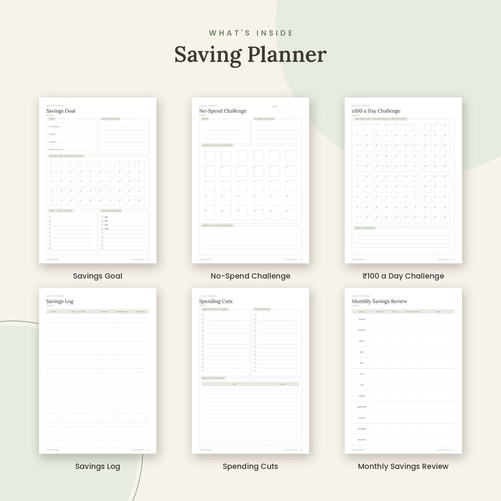 Inside the Saving Planner printable: Savings Goal, No-Spend Challenge, ₹100 a Day Challenge pages