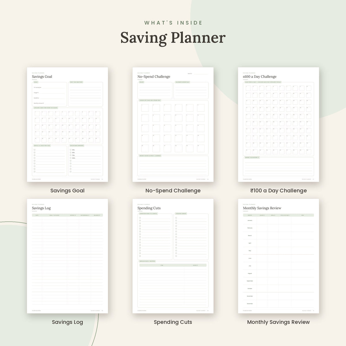 Inside the Saving Planner printable: Savings Goal, No-Spend Challenge, ₹100 a Day Challenge pages