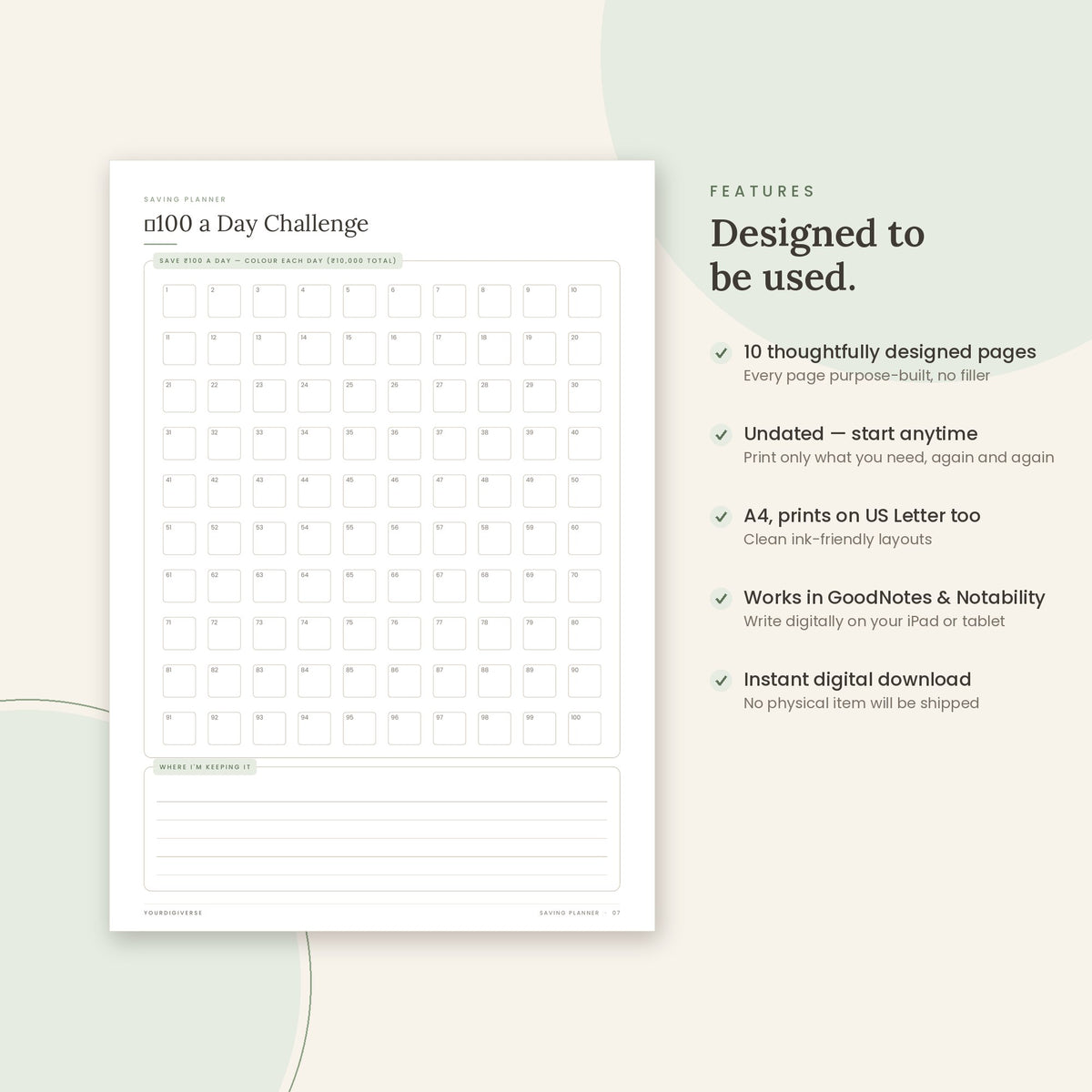 Saving Planner sample page (₹100 a Day Challenge) – undated A4 printable, GoodNotes-ready