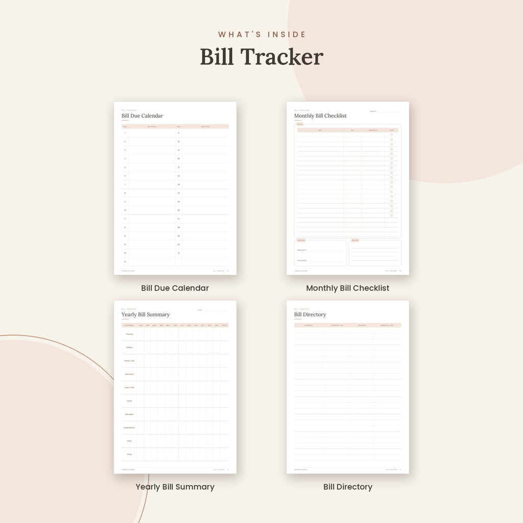 Inside the Bill Tracker printable: Bill Due Calendar, Monthly Bill Checklist, Yearly Bill Summary pages