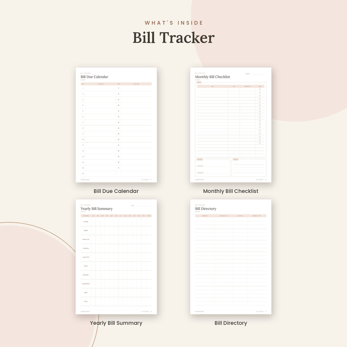 Inside the Bill Tracker printable: Bill Due Calendar, Monthly Bill Checklist, Yearly Bill Summary pages