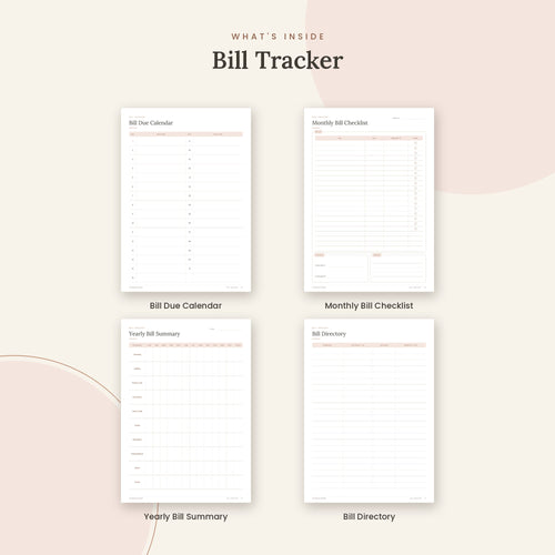 Inside the Bill Tracker printable: Bill Due Calendar, Monthly Bill Checklist, Yearly Bill Summary pages