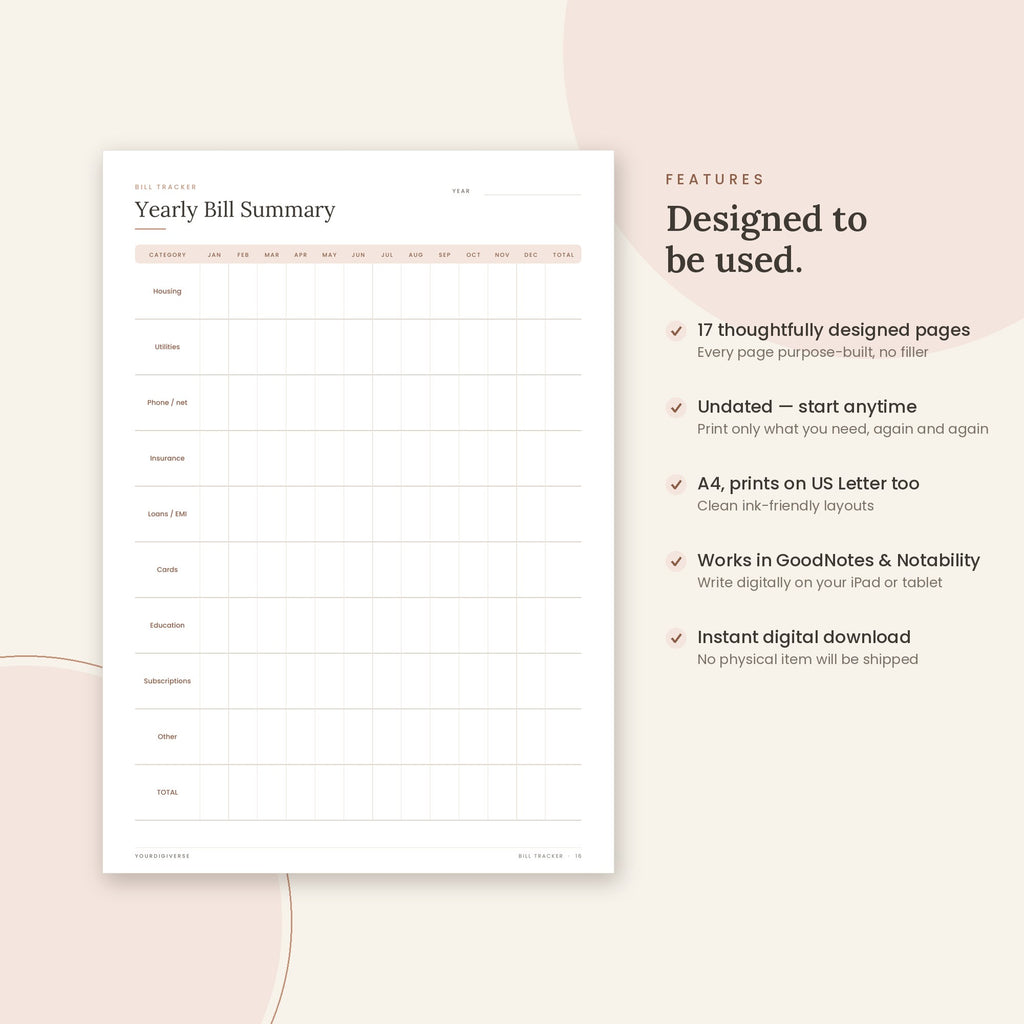 Bill Tracker sample page (Yearly Bill Summary) – undated A4 printable, GoodNotes-ready