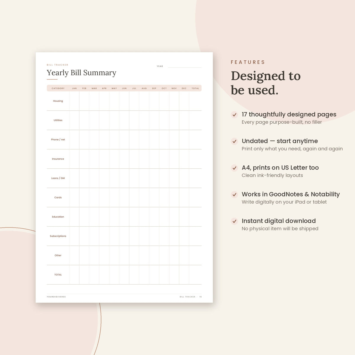 Bill Tracker sample page (Yearly Bill Summary) – undated A4 printable, GoodNotes-ready