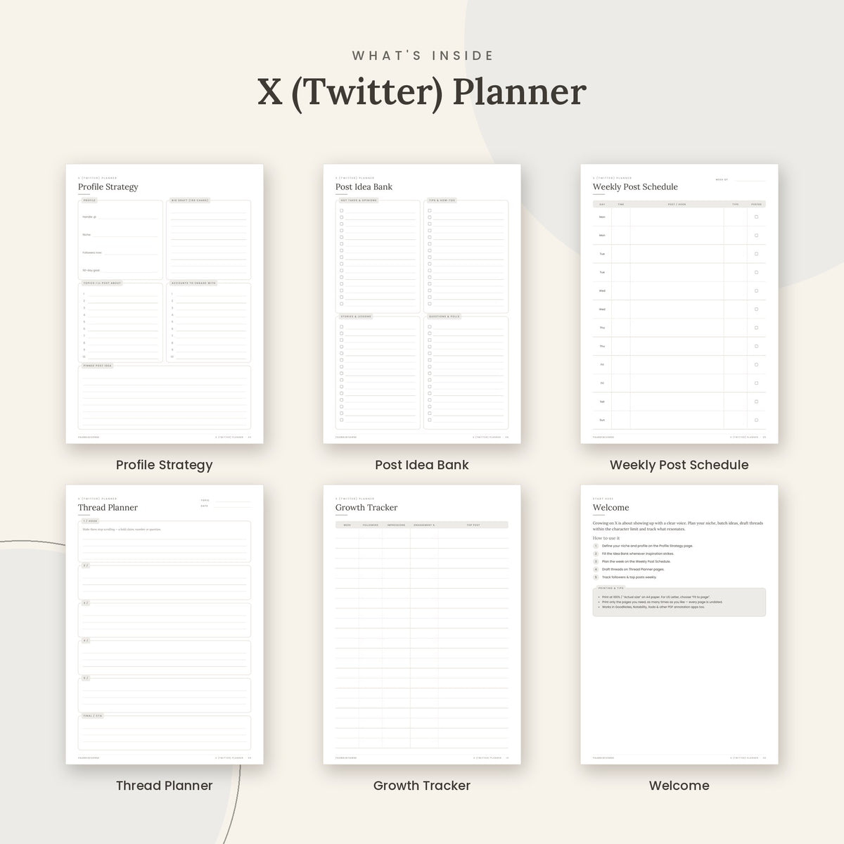 Inside the X (Twitter) Planner printable: Profile Strategy, Post Idea Bank, Weekly Post Schedule pages