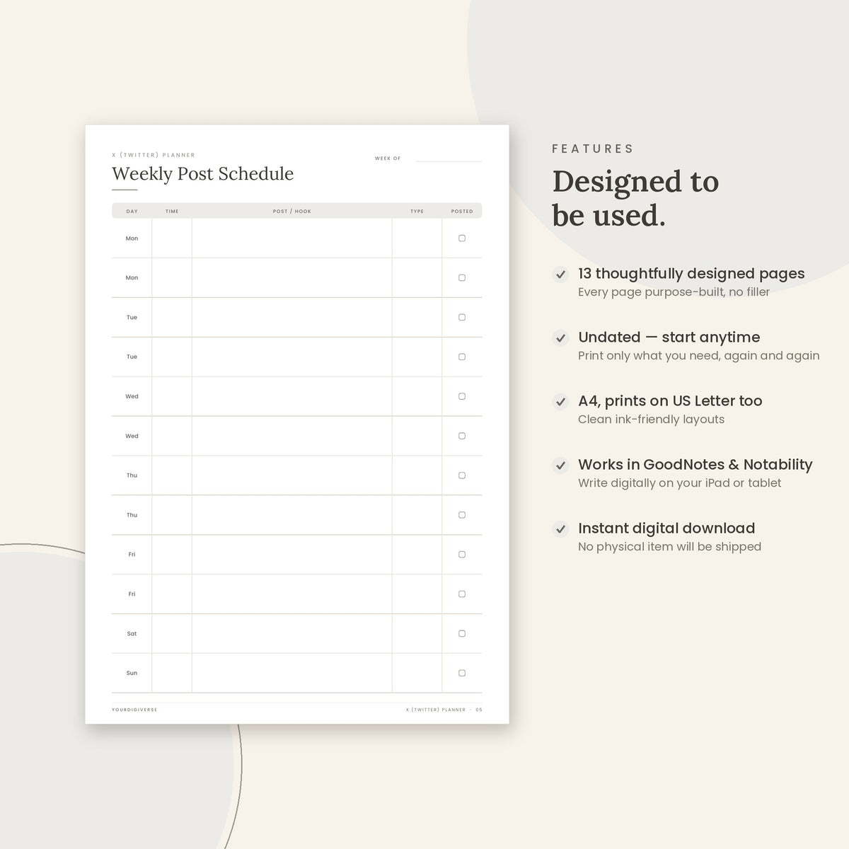 X (Twitter) Planner sample page (Weekly Post Schedule) – undated A4 printable, GoodNotes-ready