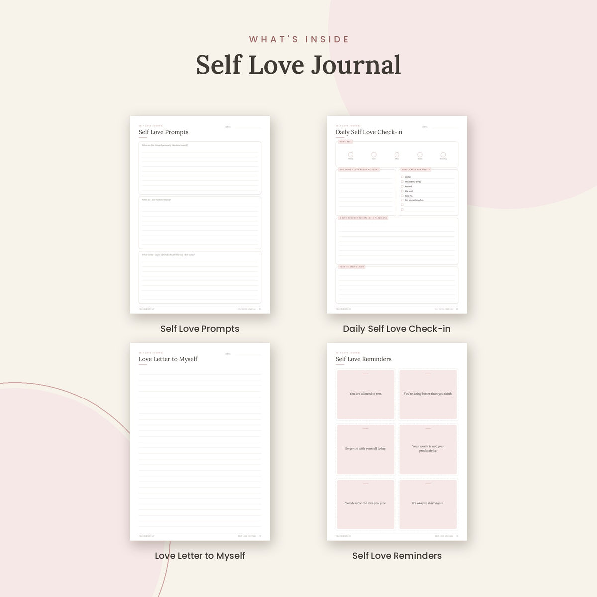 Inside the Self Love Journal printable: Self Love Prompts, Daily Self Love Check-in, Love Letter to Myself pages