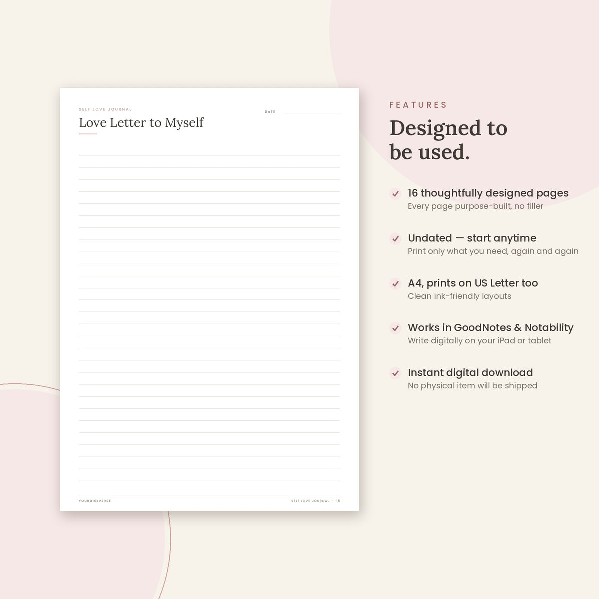 Self Love Journal sample page (Love Letter to Myself) – undated A4 printable, GoodNotes-ready