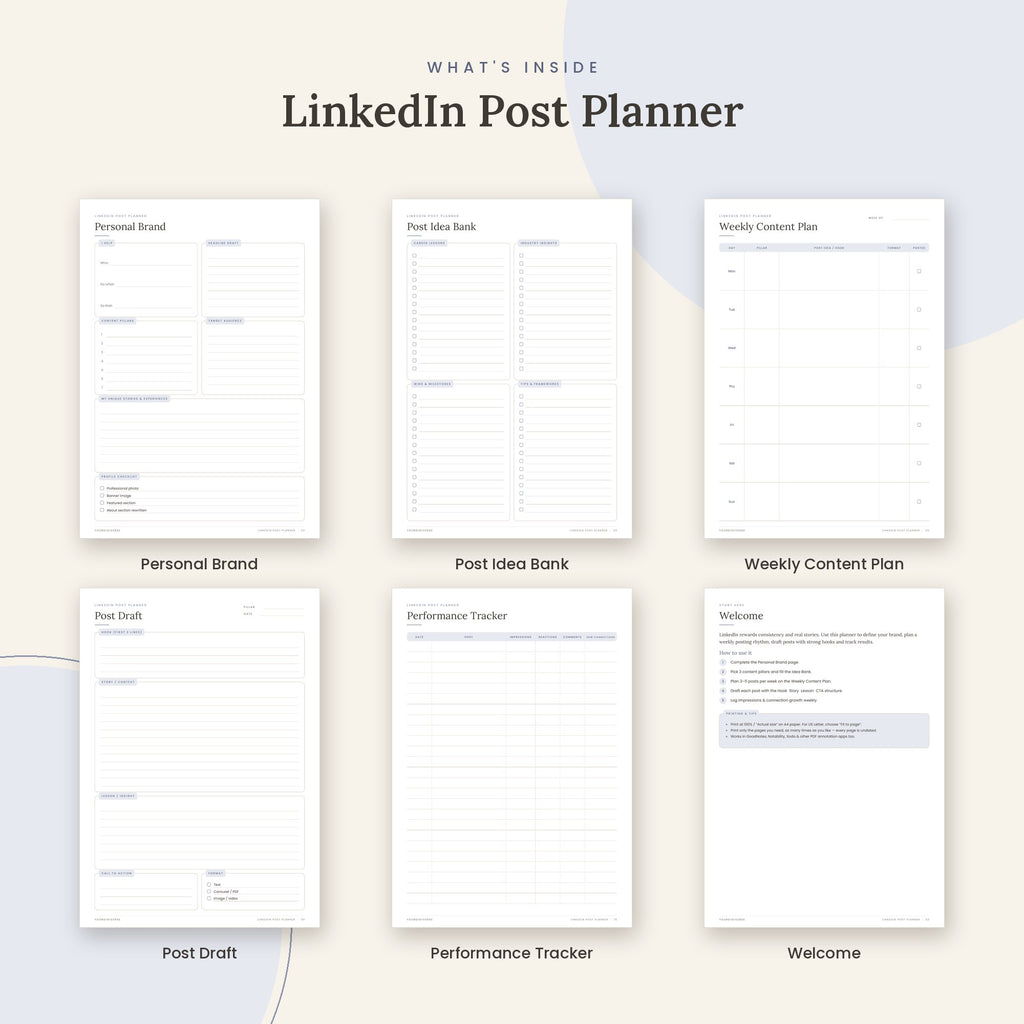 Inside the LinkedIn Post Planner printable: Personal Brand, Post Idea Bank, Weekly Content Plan pages