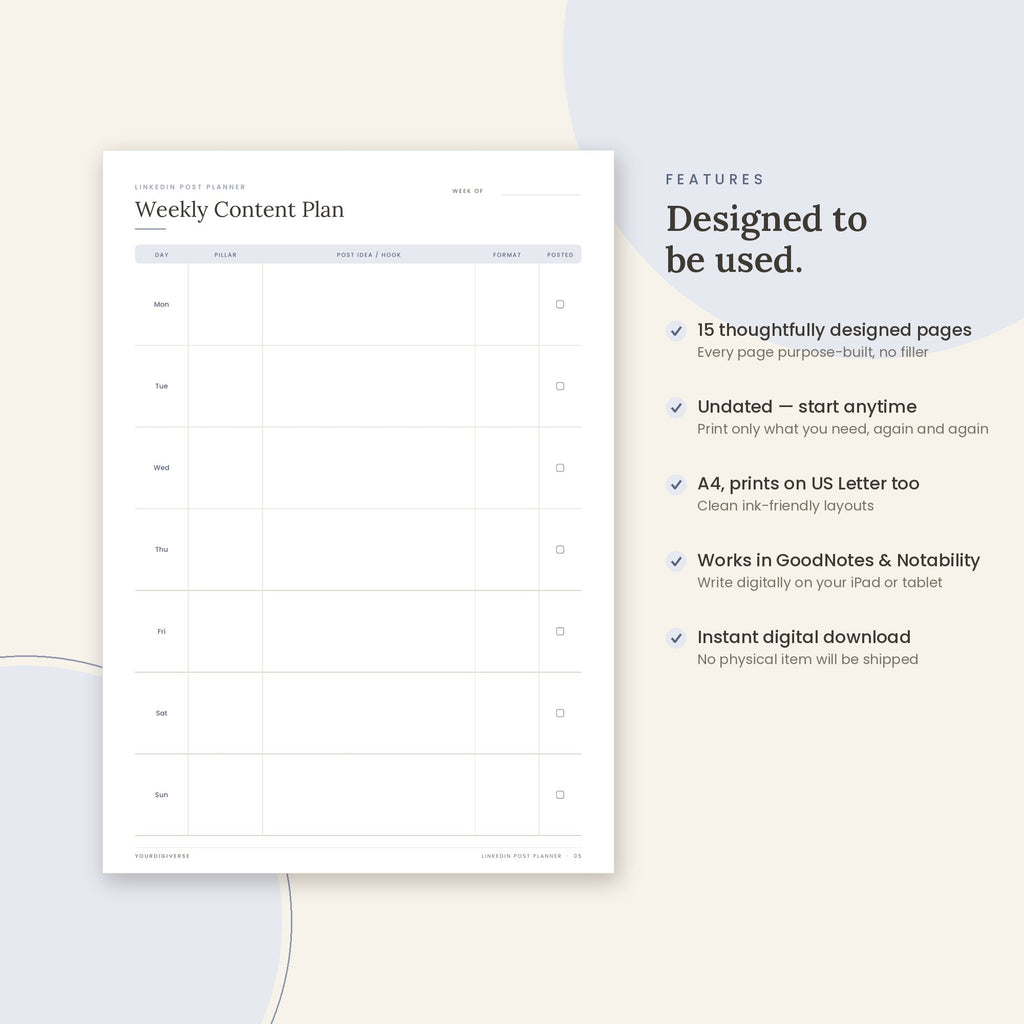 LinkedIn Post Planner sample page (Weekly Content Plan) – undated A4 printable, GoodNotes-ready