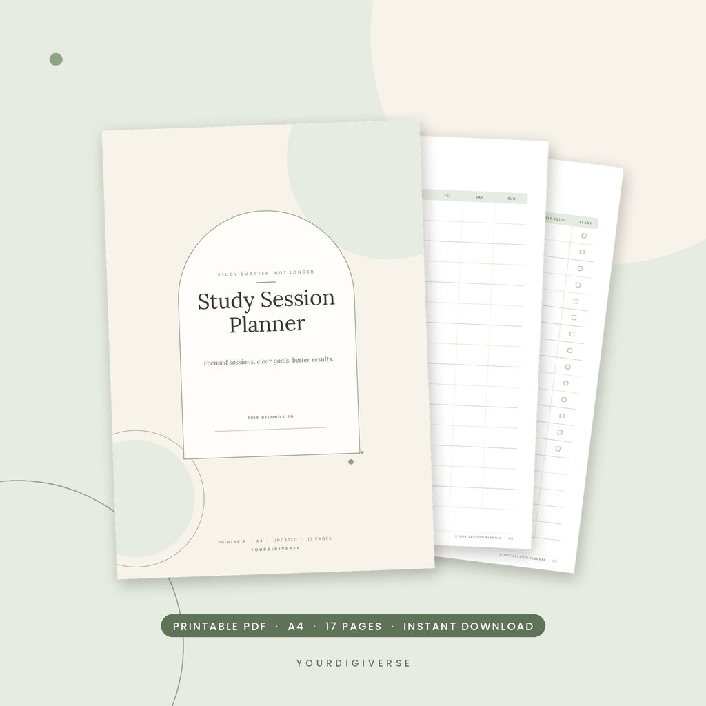 Study planner printable – Study Session Planner A4 PDF cover, instant download from YourDigiverse