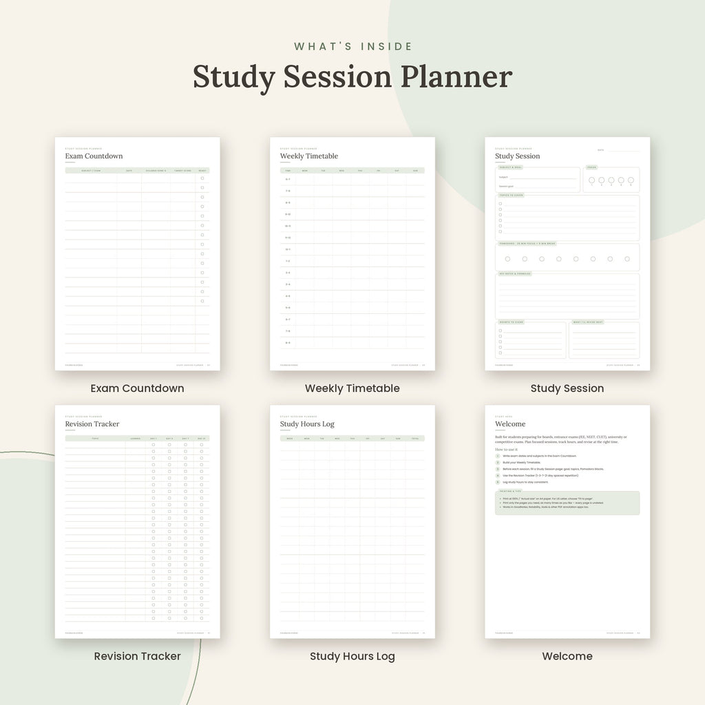 Inside the Study Session Planner printable: Exam Countdown, Weekly Timetable, Study Session pages