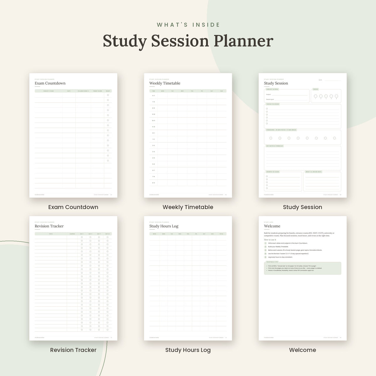 Inside the Study Session Planner printable: Exam Countdown, Weekly Timetable, Study Session pages