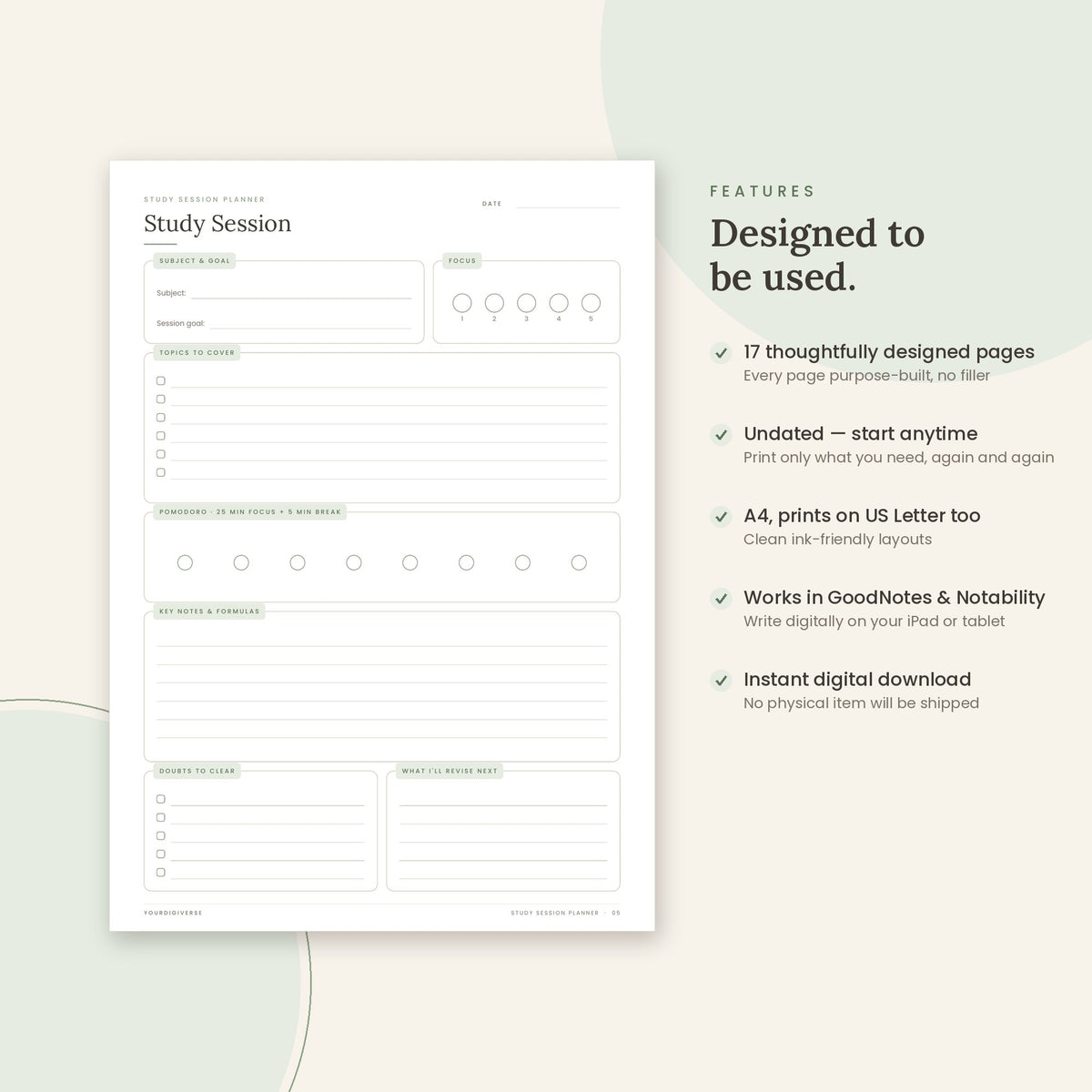 Study Session Planner sample page (Study Session) – undated A4 printable, GoodNotes-ready