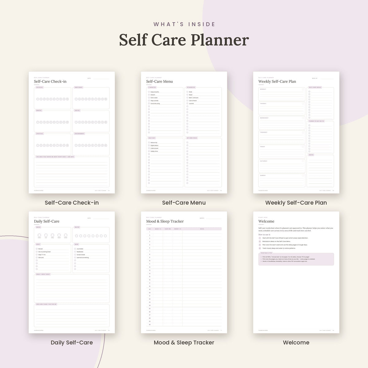 Inside the Self Care Planner printable: Self-Care Check-in, Self-Care Menu, Weekly Self-Care Plan pages