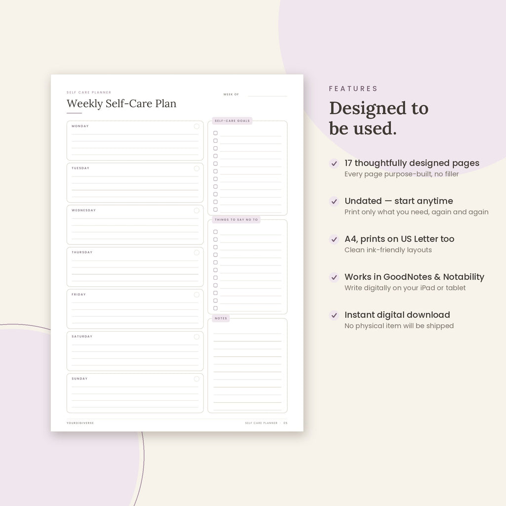 Self Care Planner sample page (Weekly Self-Care Plan) – undated A4 printable, GoodNotes-ready