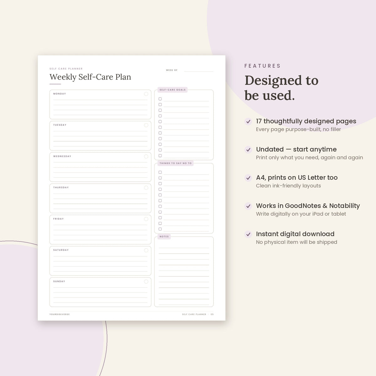 Self Care Planner sample page (Weekly Self-Care Plan) – undated A4 printable, GoodNotes-ready