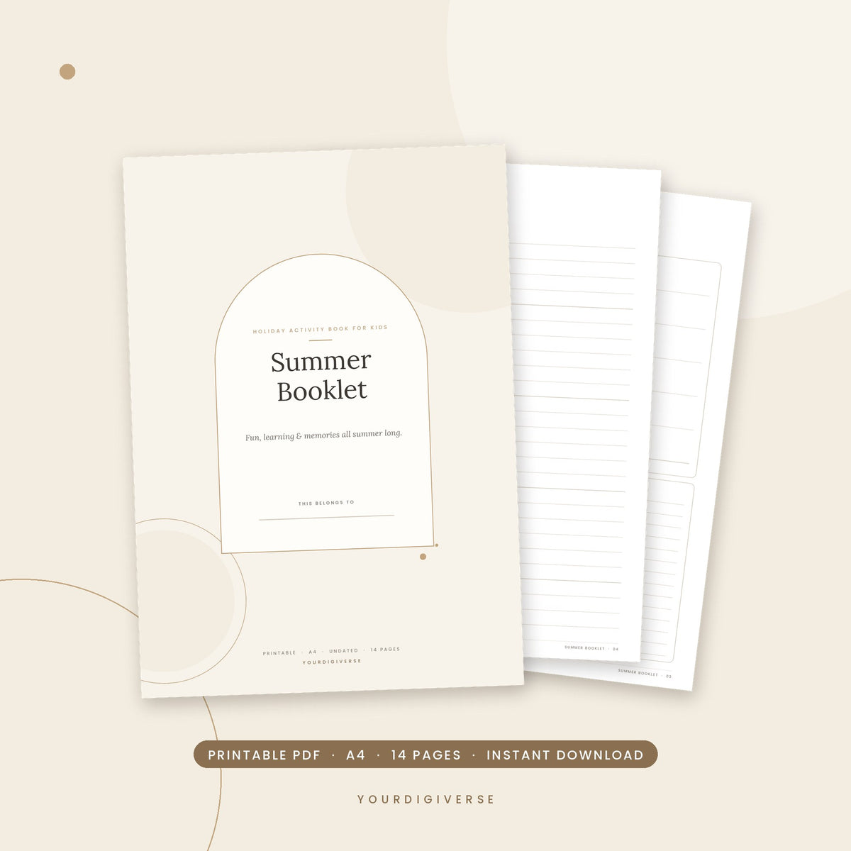 Summer activity book for kids – Summer Booklet A4 PDF cover, instant download from YourDigiverse