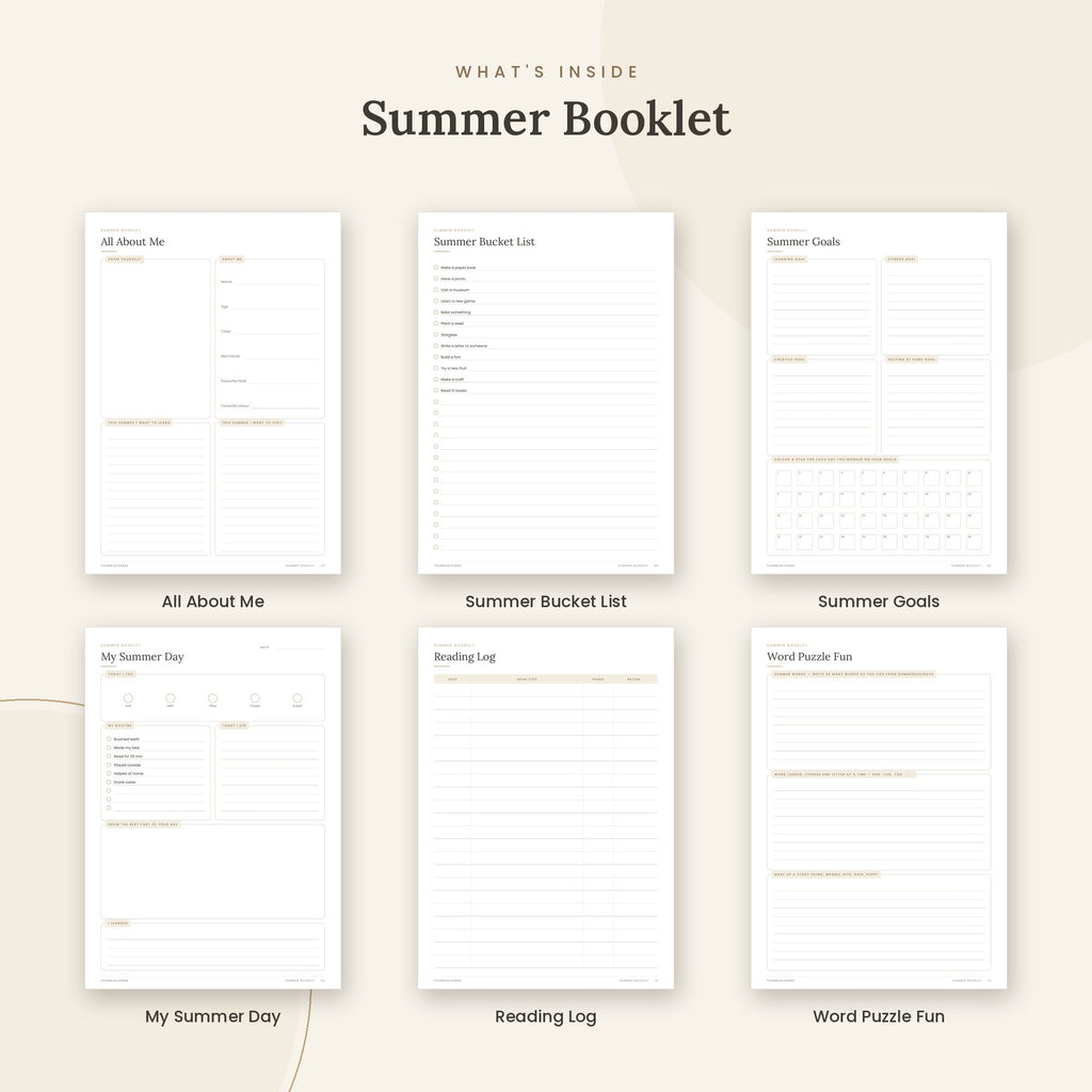 Inside the Summer Booklet printable: All About Me, Summer Bucket List, Summer Goals pages