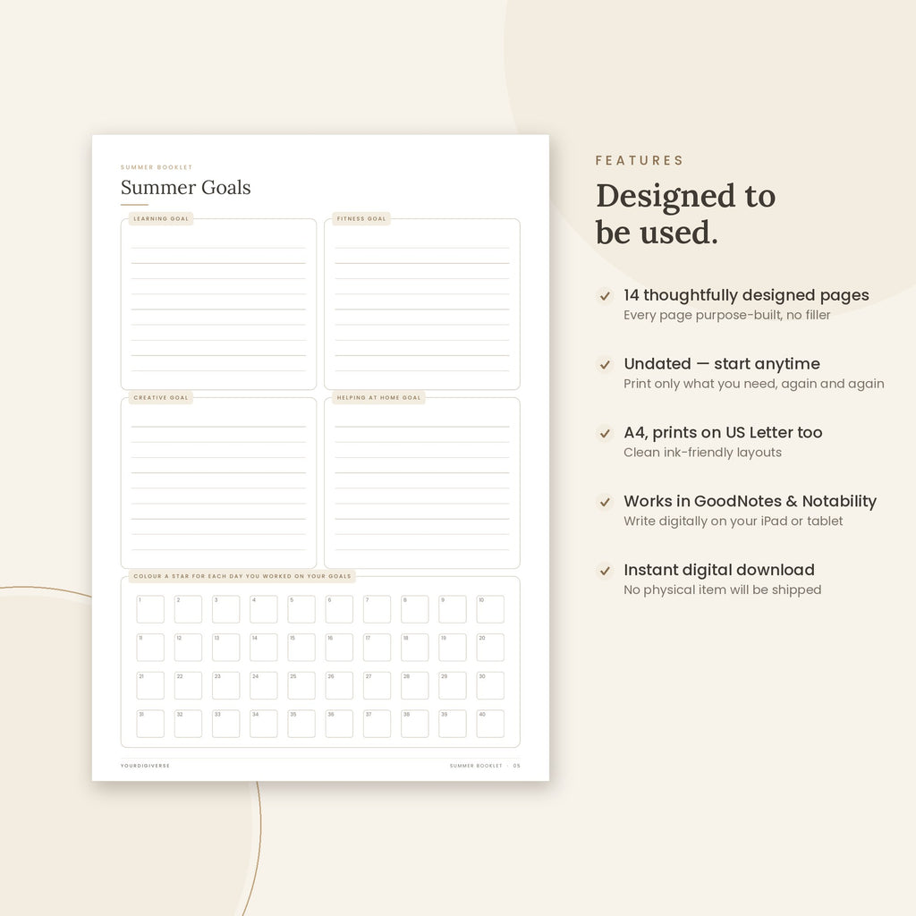 Summer Booklet sample page (Summer Goals) – undated A4 printable, GoodNotes-ready
