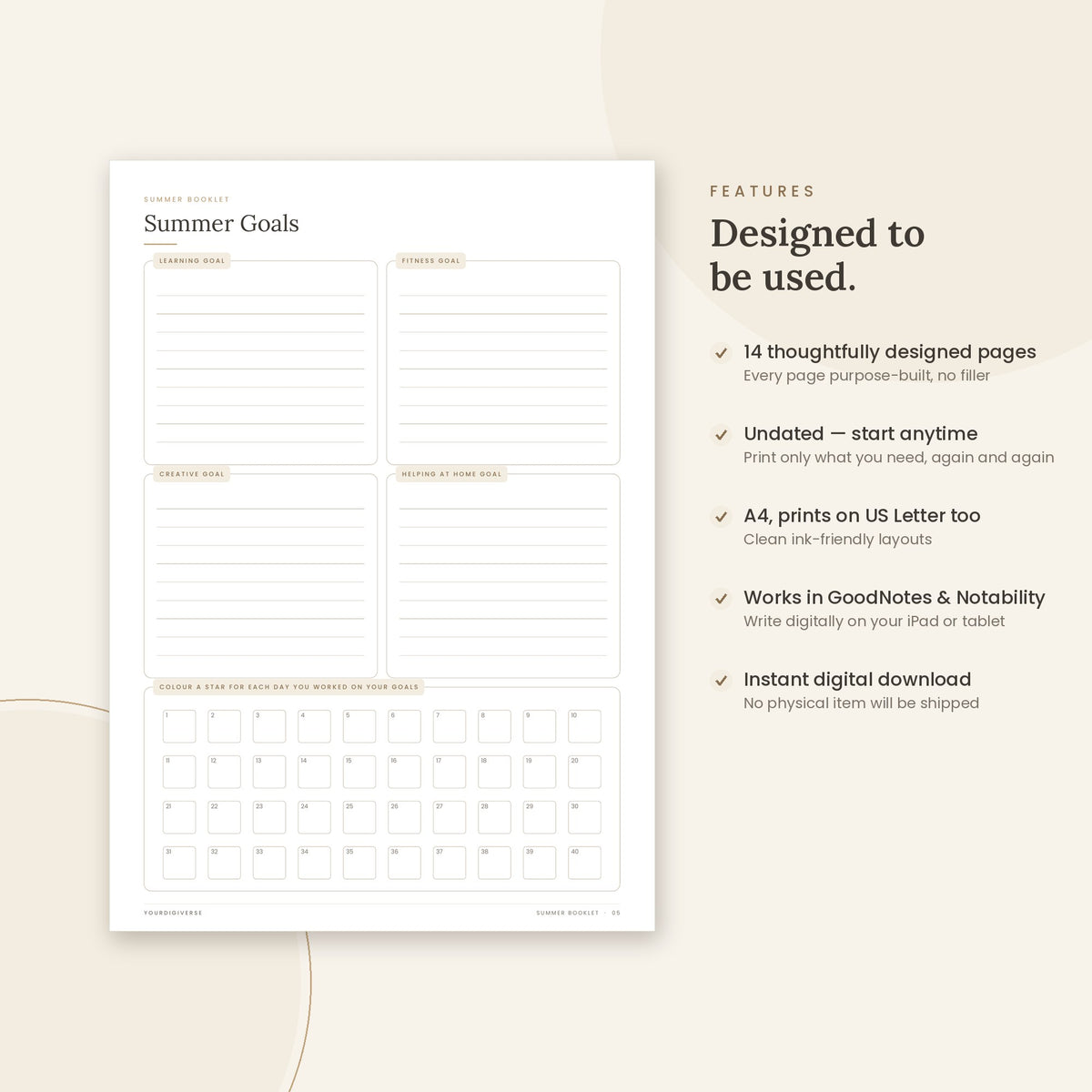 Summer Booklet sample page (Summer Goals) – undated A4 printable, GoodNotes-ready