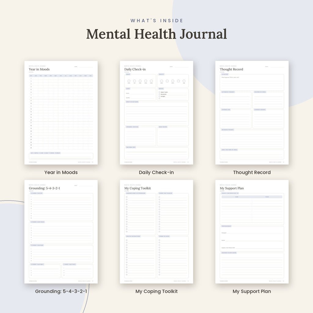 Inside the Mental Health Journal printable: Year in Moods, Daily Check-in, Thought Record pages