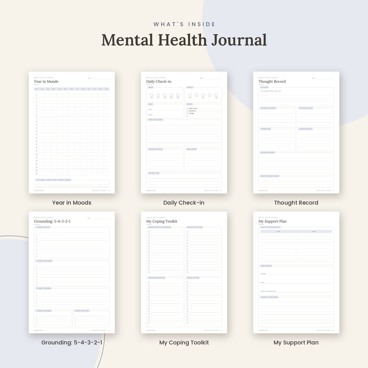 Inside the Mental Health Journal printable: Year in Moods, Daily Check-in, Thought Record pages