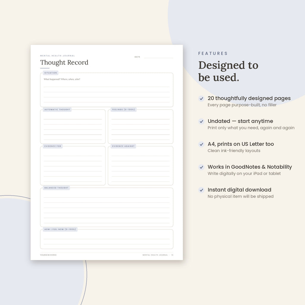 Mental Health Journal sample page (Thought Record) – undated A4 printable, GoodNotes-ready