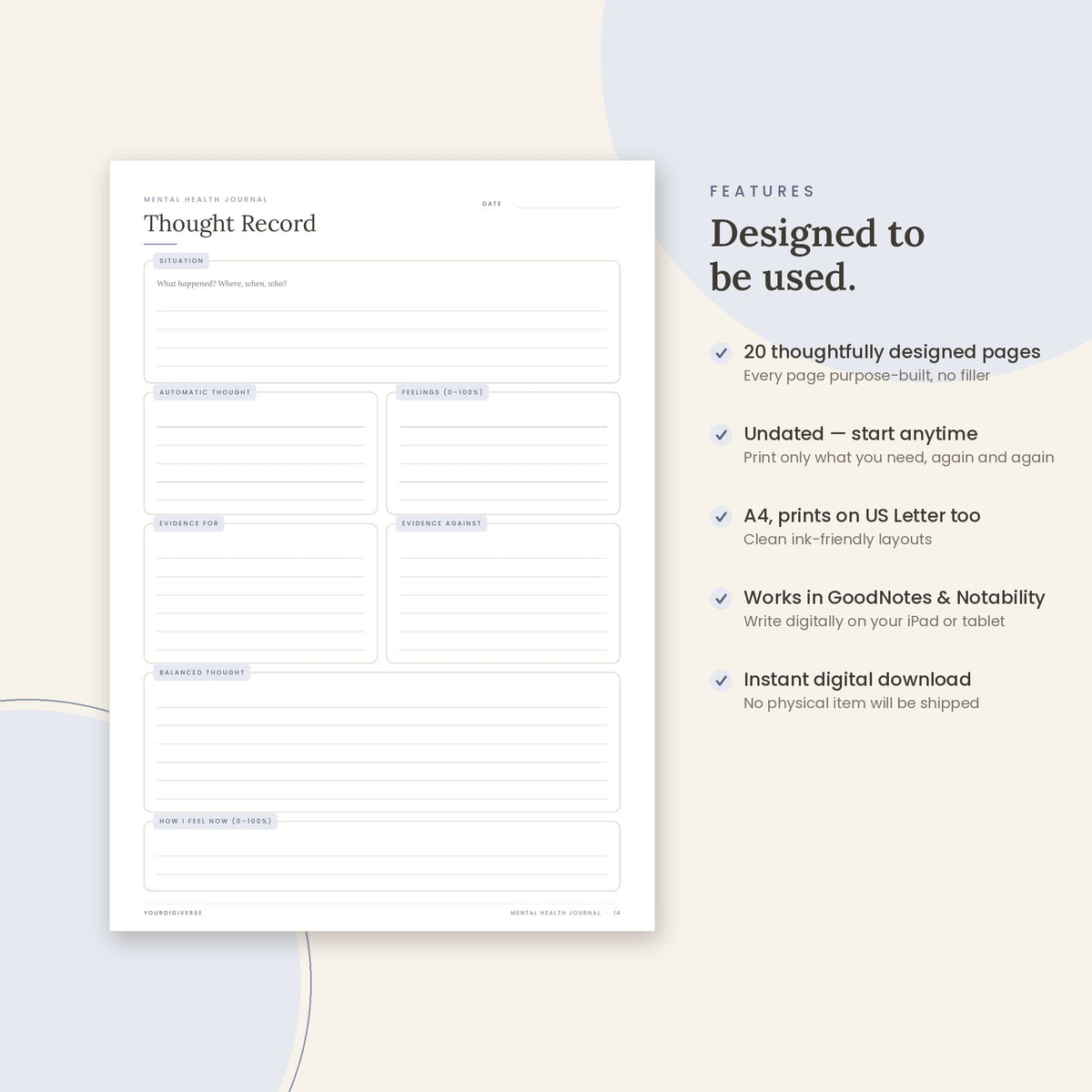 Mental Health Journal sample page (Thought Record) – undated A4 printable, GoodNotes-ready