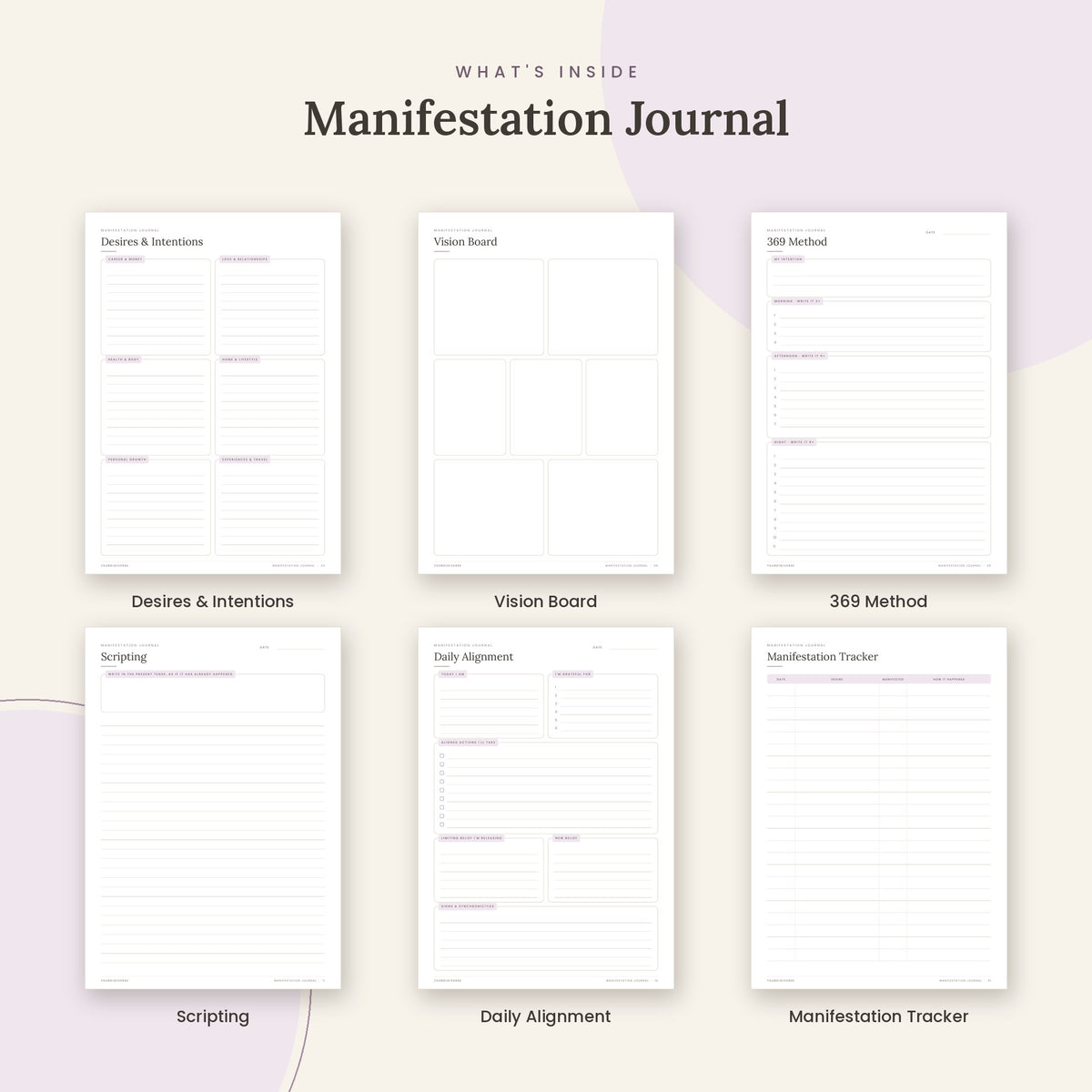 Inside the Manifestation Journal printable: Desires & Intentions, Vision Board, 369 Method pages