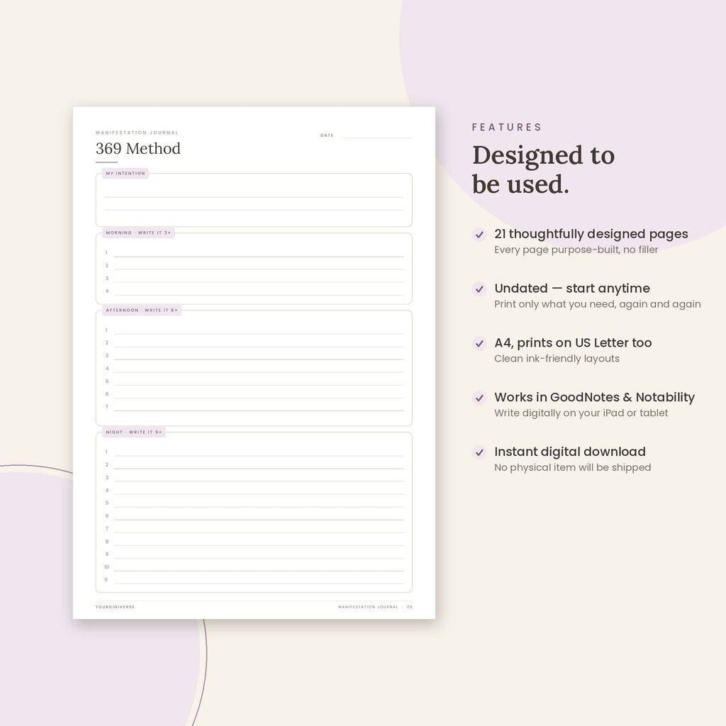Manifestation Journal sample page (369 Method) – undated A4 printable, GoodNotes-ready