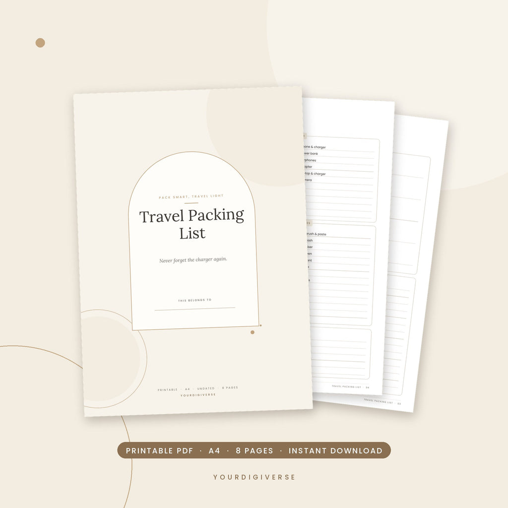 Travel packing list printable – Travel Packing List A4 PDF cover, instant download from YourDigiverse