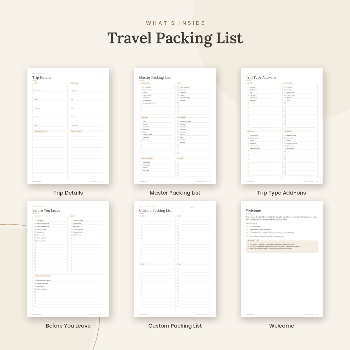 Inside the Travel Packing List printable: Trip Details, Master Packing List, Trip Type Add-ons pages