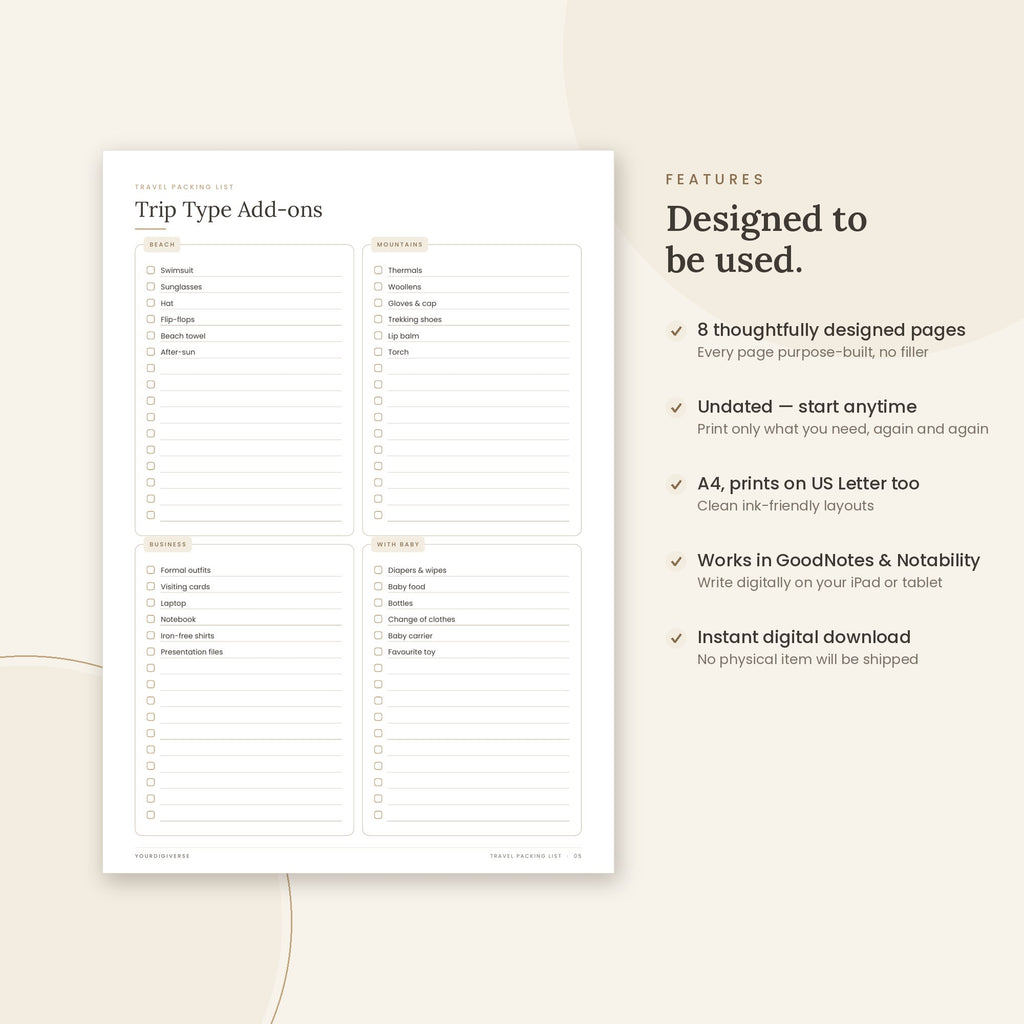 Travel Packing List sample page (Trip Type Add-ons) – undated A4 printable, GoodNotes-ready
