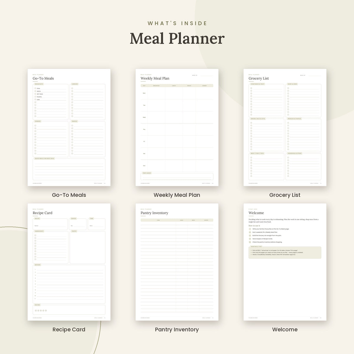 Inside the Meal Planner printable: Go-To Meals, Weekly Meal Plan, Grocery List pages