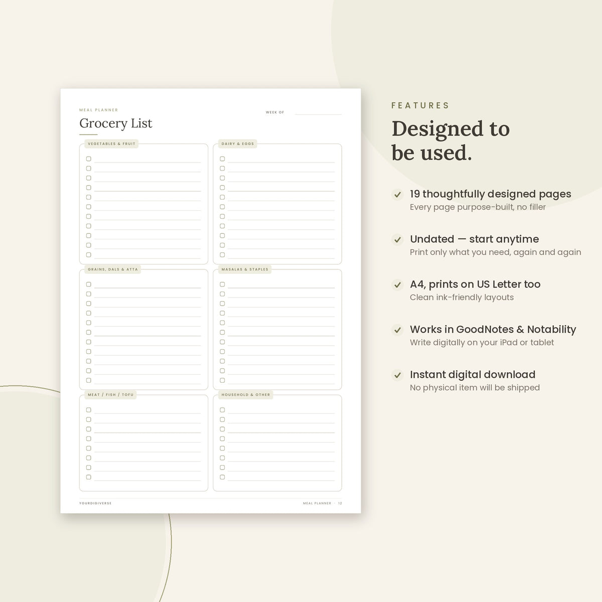 Meal Planner sample page (Grocery List) – undated A4 printable, GoodNotes-ready