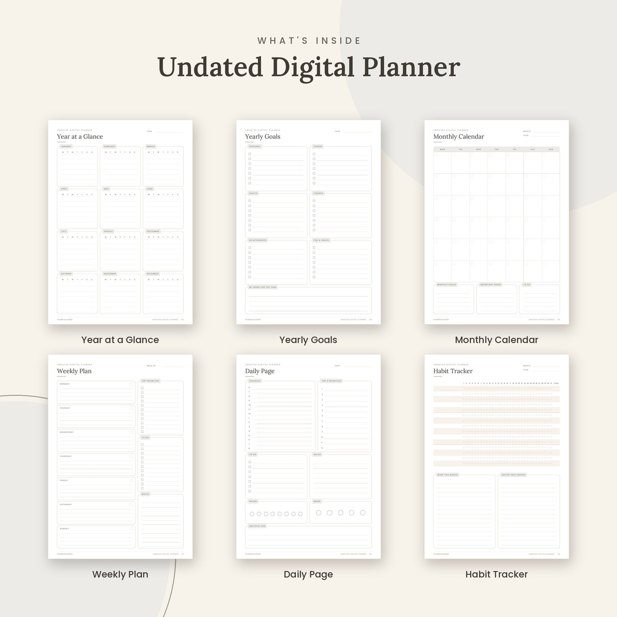 Inside the Undated Digital Planner printable: Year at a Glance, Yearly Goals, Monthly Calendar pages