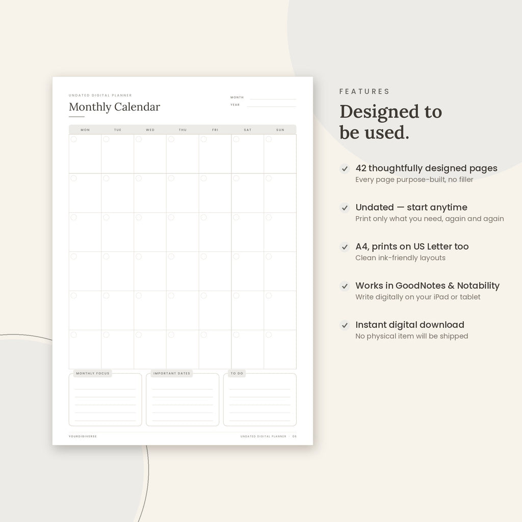 Undated Digital Planner sample page (Monthly Calendar) – undated A4 printable, GoodNotes-ready