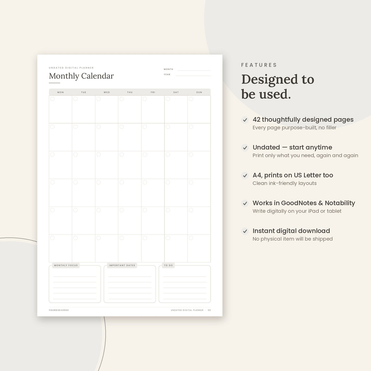Undated Digital Planner sample page (Monthly Calendar) – undated A4 printable, GoodNotes-ready